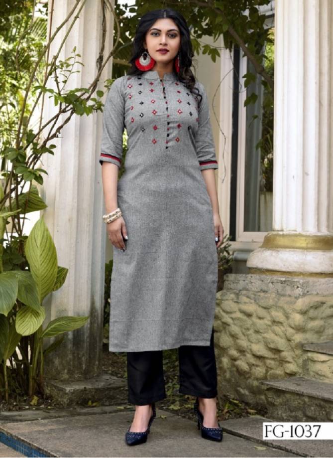 Grey Party Wear FG Krisha Vol-11 Launch Latest Pure Cotton With Embroidery Hand Work Ready Made Top and Pant 1037